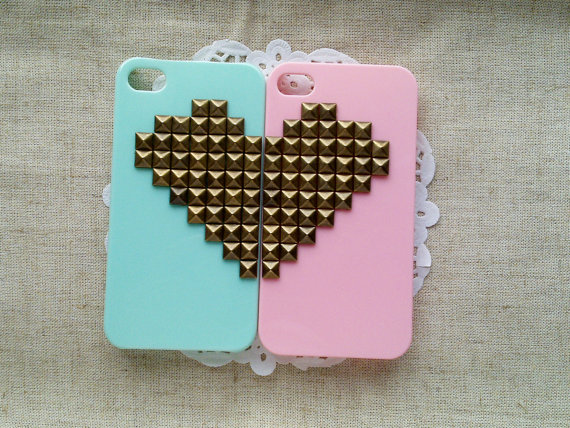 Bronze Pyramid Stud Mint Green And Pink Heart Iphone 4/4s Cases For Valentine-x2